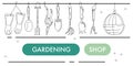 Gardening shop horizontal banner in doodle style.Tools for planting,digging, growing flowers and seedling.