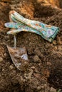 Gardening. Soil preparation before planting in the garden. Digging holes, adding chicken manure pellets and compost. Royalty Free Stock Photo