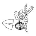 Gardening, spade beetroot and carrots vegetables isolated line icon style