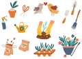 Spring gardening outdoor illustrations set. Garden tools, Plants, flowers, and birds seasonal flat style collection. Royalty Free Stock Photo