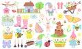Gardening and spring set of elements such as flowers, gnomes,animals, birds, bees, butterflies and other. Perfect for scrapbooking Royalty Free Stock Photo
