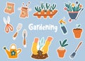 Gardening tools stickers. Wheelbarrow with flowers, sprouts, watering can, seedlings, gardening tools collection.