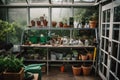 gardening supplies and tools neatly organized in contemporary greenhouse