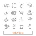 Gardening thin line icons. Vector set of plant growing, horticulture signs. Modern linear design elements.