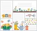 Gardening time. Planting tools, garden flowers and leaves. Watering can, birdhouse and seed packs. Cute blank notes