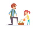 Gardening time. Woman girl planting grass and watering with water can. Little baby and mother working in garden vector Royalty Free Stock Photo