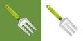 Gardening tool equipment. Garden fork with plastic green handle for planting, potting and weeding work, mulch and cultivating the Royalty Free Stock Photo