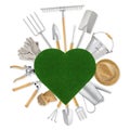 Gardening tool equipment and green grass lawn heart shape, top view isolated on white background. Banner for online shopping, e- Royalty Free Stock Photo