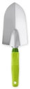 Gardening tool equipment. Metal garden Trowel with green plastic grip, top view isolated on white with clipping path. Banner for Royalty Free Stock Photo