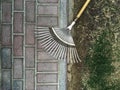 Garden metal rake. view from above.