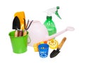 Gardening tool set, cultivation equipment with green flower pot, shovel, rake.