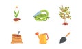 Gardening Tools Collection, Seedlings, Hose, Watering Can, Sack of Fertilizer Cartoon Vector Illustration