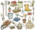 Gardening tools collection, vintage watercolor art, hand drawn Royalty Free Stock Photo