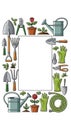 Gardening tools and elements form a decorative border around a blank white rectangle. Items include Royalty Free Stock Photo