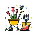 Gardening Tools and Elements with a Wheelbarrow plant Royalty Free Stock Photo