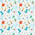 Gardening tools and fruits flat seamless background pattern