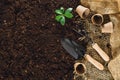 Gardening tools on garden soil texture background top view Royalty Free Stock Photo