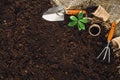 Gardening tools on garden soil texture background top view Royalty Free Stock Photo