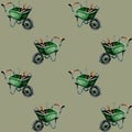 Gardening tools in green wheelbarrows arranged on a neutral background in a stylish pattern Royalty Free Stock Photo