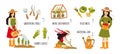 Gardening tools, horticultural activities, gardening ideas flat icons set. Creative vector illustrations with girls in the garden Royalty Free Stock Photo