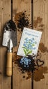 Gardening tools and hydrangea seed packet Royalty Free Stock Photo