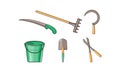 Gardening tools icons set, bucket, rake, saw, sickle, garden shears, scoop vector Illustration on a white background