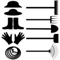 Set of various silhouettes icons gardening and farm tools including gloves, watering hose, rake and shovels. Vector illustrations. Royalty Free Stock Photo