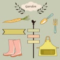 Gardening tools and items of clothing labels and garden vector background