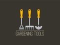 Gardening tools logo with hoe, rake and trowel.