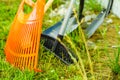 Gardening tools, rake, shovel and broom