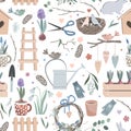 Gardening tools pattern, seamless Spring vector background. Cute hand drawn birds, nest, watering pot, seedling