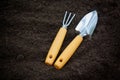 Gardening tools on plain soil. Background with ample copy space. Royalty Free Stock Photo