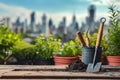 Gardening tools and plant in pots against a city backdrop. Royalty Free Stock Photo