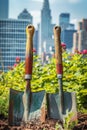 Gardening tools and plant in pots against a city backdrop. Royalty Free Stock Photo