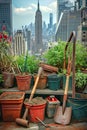 Gardening tools and plant in pots against a city backdrop. Royalty Free Stock Photo