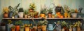 Gardening tools and plants in pots on a wooden shelf. Royalty Free Stock Photo