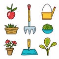 Gardening tools plants set, colorful vector illustration. Hand drawn garden elements Royalty Free Stock Photo