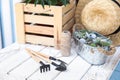 Gardening tools, plants and straw hat on wooden table, closeup Royalty Free Stock Photo