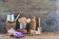 Gardening tools, pots and utensils on rustic wooden background Royalty Free Stock Photo