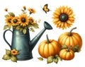 Gardening tools and pumpkins with flowers Set of painted watercolor illustrations isolated Royalty Free Stock Photo