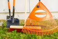 Gardening tools, rake, shovel and broom