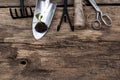 Gardening tools, rake, tourniquet, shovel and scissors on vintage wooden table. Spring in the garden concept background with free