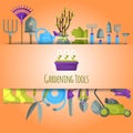 Gardening tools seamless pattern vector illustration. Equipment for gardening. Wheelbarrow, trowel, fork hoe, boots