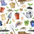 Gardening tools seamless pattern. Watercolor illustration. Hand drawn garden instruments. Planting tools, seeds, plants