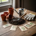 Gardening Tools and Seed Packets on Wooden Table Royalty Free Stock Photo