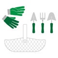 Gardening tools set of equipment with gloves, trowels, handfork and basket outline simple minimalistic flat design vector