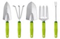 Gardening tools set, garden kit, Shovel, Trowel, Fork with green handle. Equipment for soil planting work or sale vegetable garden Royalty Free Stock Photo