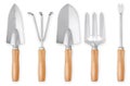 Gardening tools set, garden kit, Shovel, Trowel, Fork with wooden handle, top view isolated on white background with clipping path Royalty Free Stock Photo