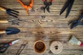 Gardening tools and set of plant care utensils on wooden table, top view, garden maintenance landscaping and hobby concept