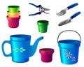 Gardening Tools. A set of tools for gardening - secateurs, shovel, fork for separating bushes, watering can, bucket, flower pots Royalty Free Stock Photo